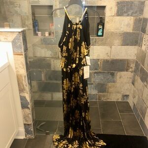 MSK Elegant Black and Gold Floral Gown
